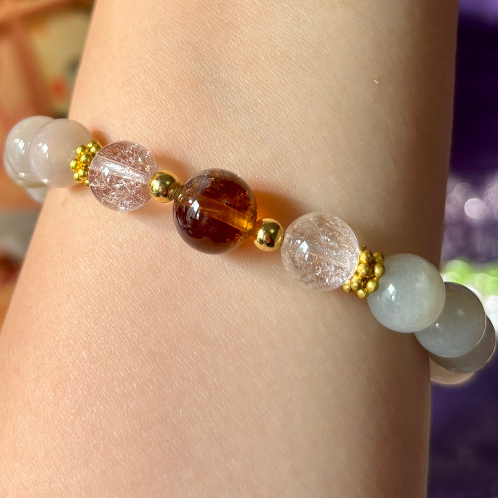 Natural Silver Moon Stone & Citrine Bracelet | 9mm Crystal Beads