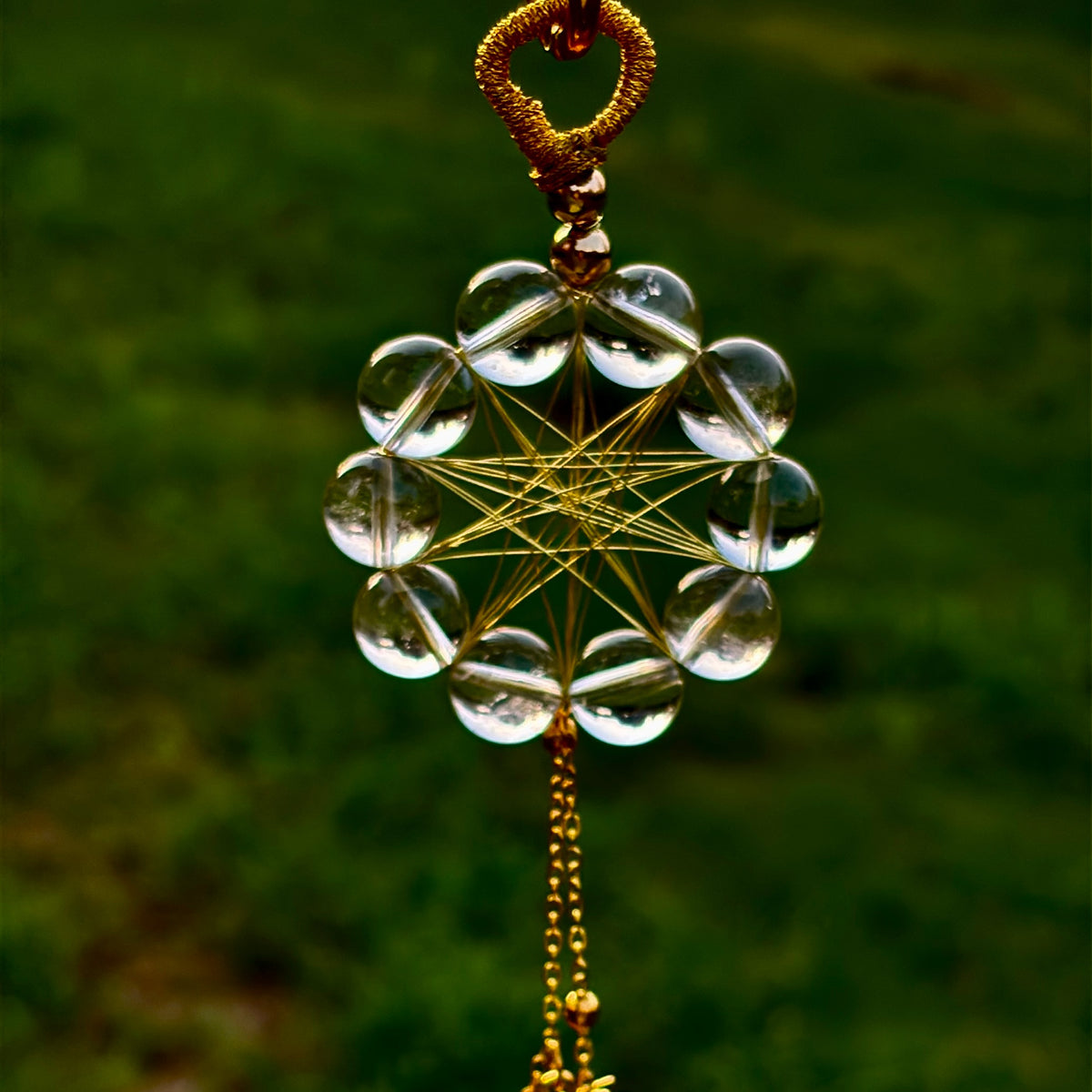 Natural Clear Quartz Crystal Hanging Ornament with Gold Cord for Home Decor Witch Crystal