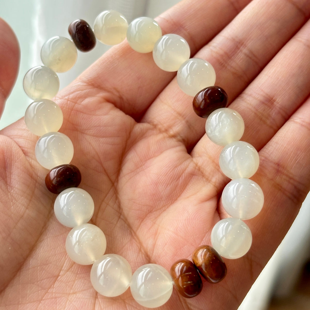 Natural Moonstone & Kuk Wood Bracelet | 9mm Gemstone Beads