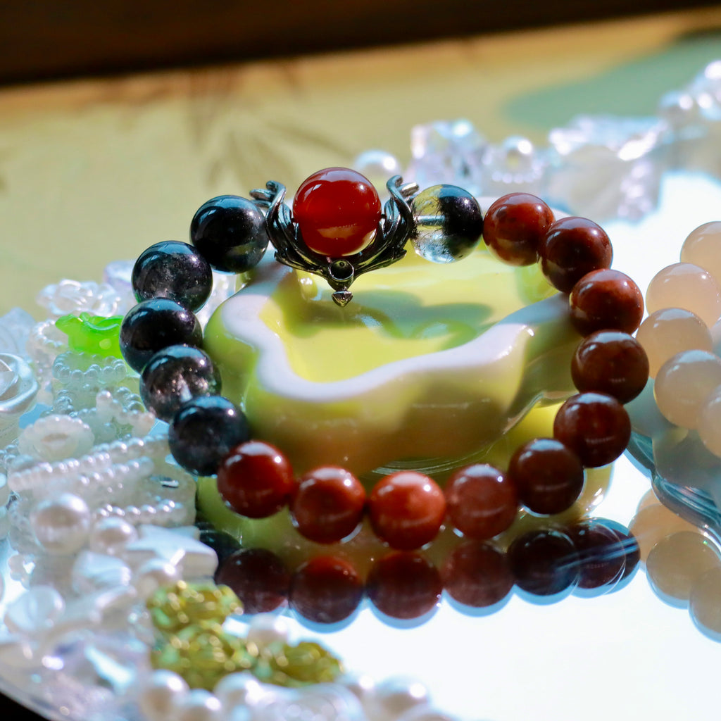 Natural Black Phantom & Red Rutilated Quartz Bracelet | 10mm Crystal Beads
