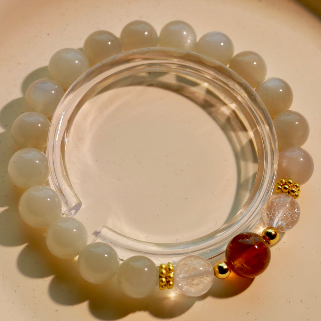 Natural Silver Moon Stone & Citrine Bracelet | 9mm Crystal Beads