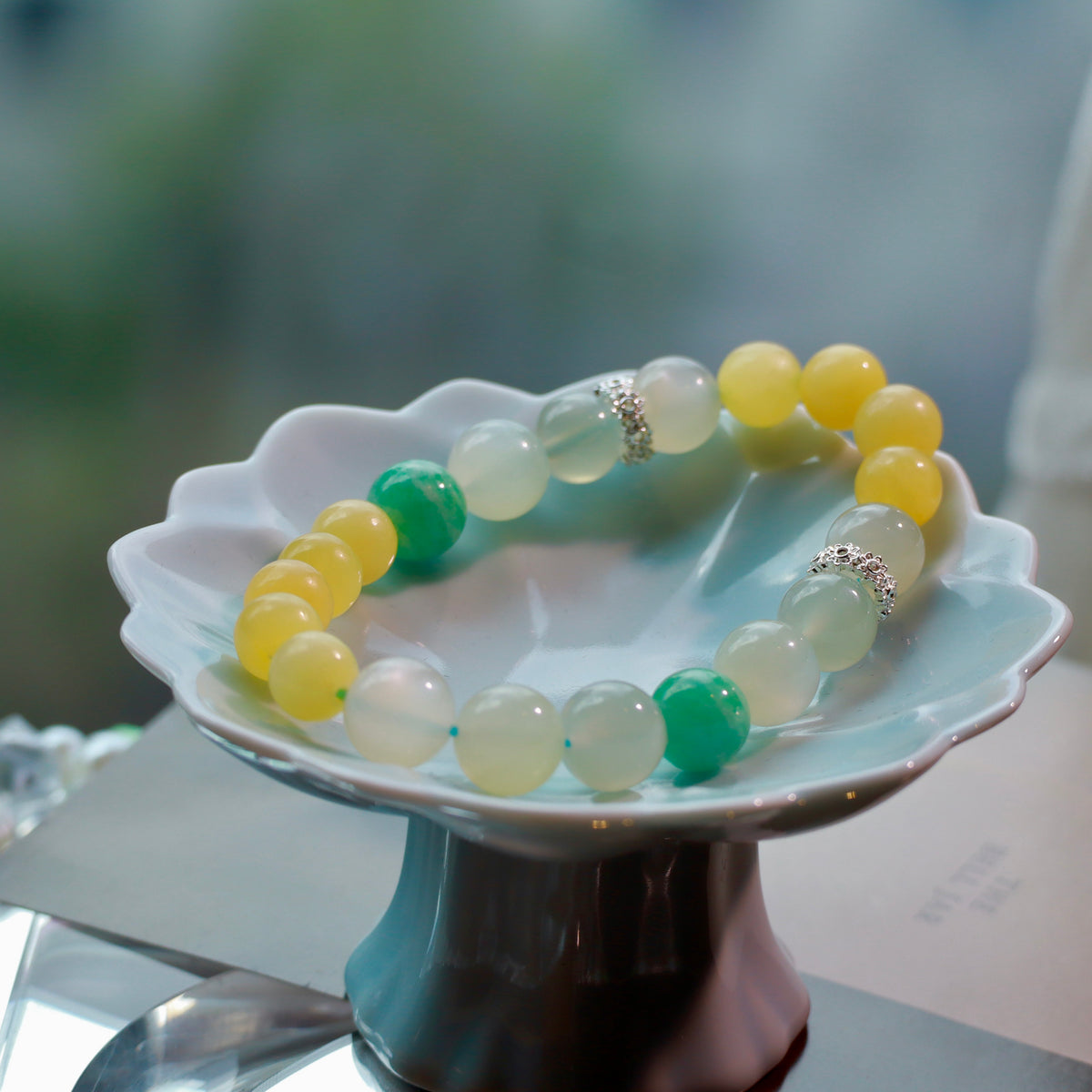 Natural Moonstone, Yellow Jade & Amazonite Gemstone Bracelet