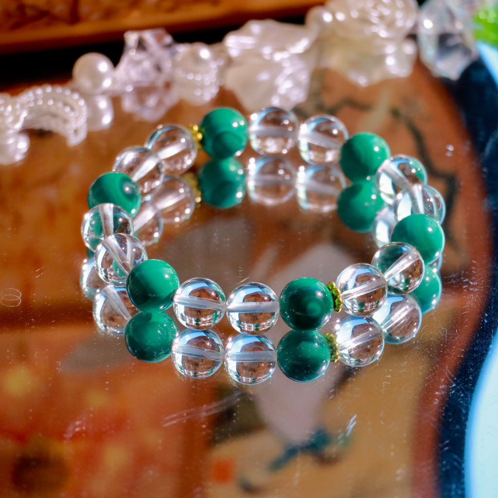 Natural Malachite & Clear Quartz Bracelet | 10mm Gemstone Beads