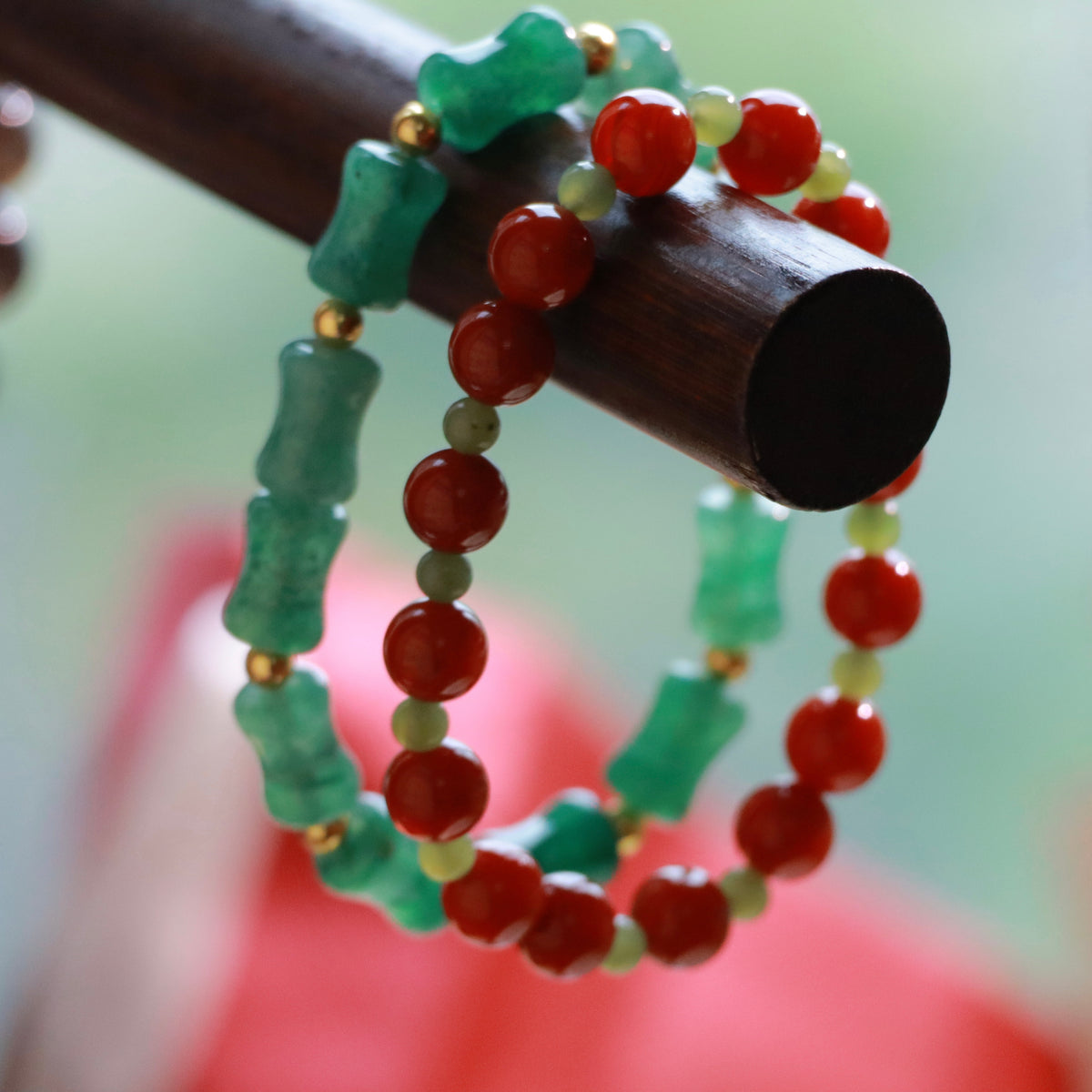 Natural Gemstone Stacking Bracelet Set | 8mm Nanhong Agate, Hetian Jade & Aventurine