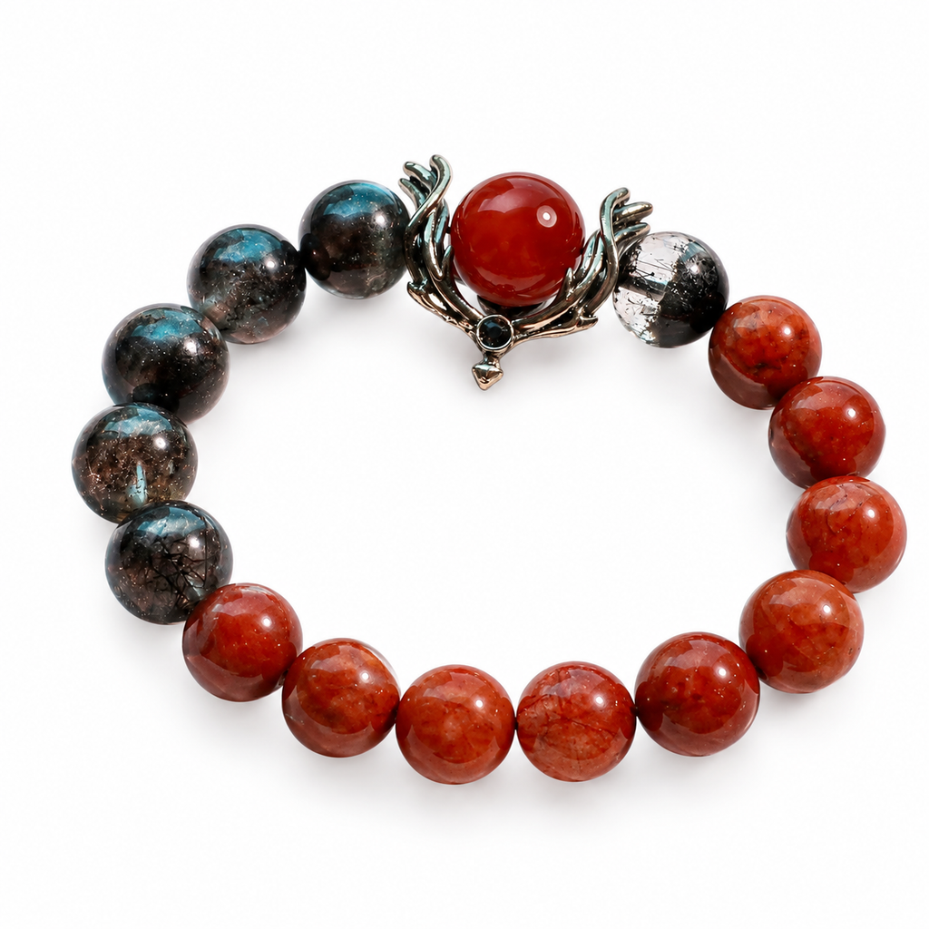 Natural Black Phantom & Red Rutilated Quartz Bracelet | 10mm Crystal Beads