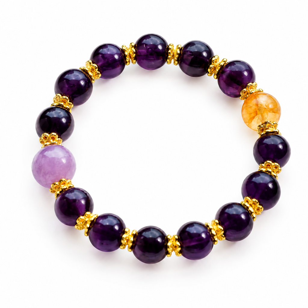 9-10mm Natural Uruguayan Amethyst Bracelet | Deep Purple Crystal with Yellow Hematoid Quartz