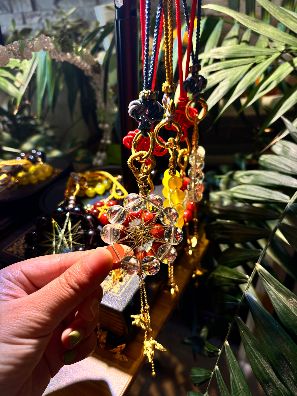 Natural Clear Quartz Crystal Hanging Ornament with Gold Cord for Home Decor Witch Crystal