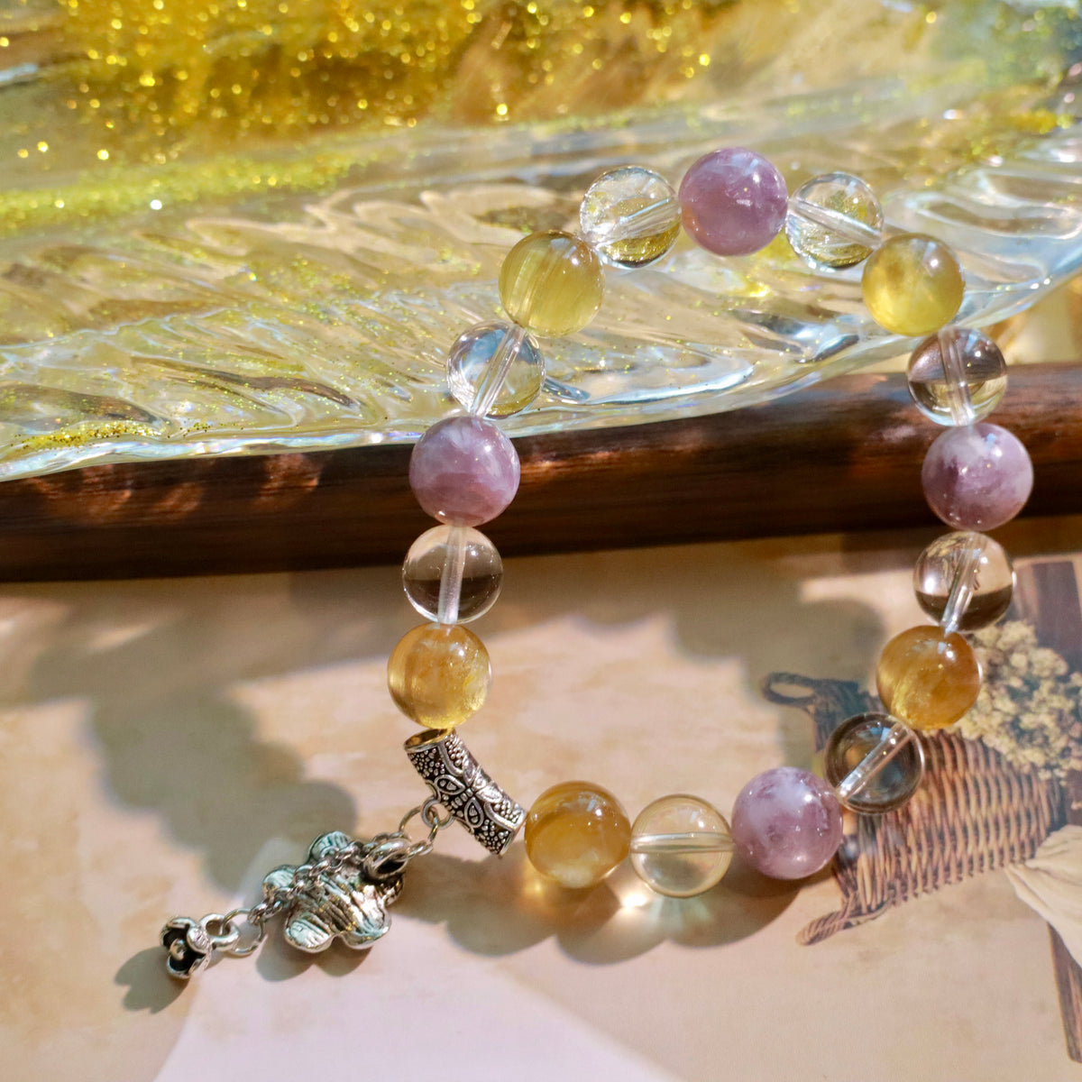 Golden Lithium Mica & High-Clarity Clear Quartz Bracelet | 10mm