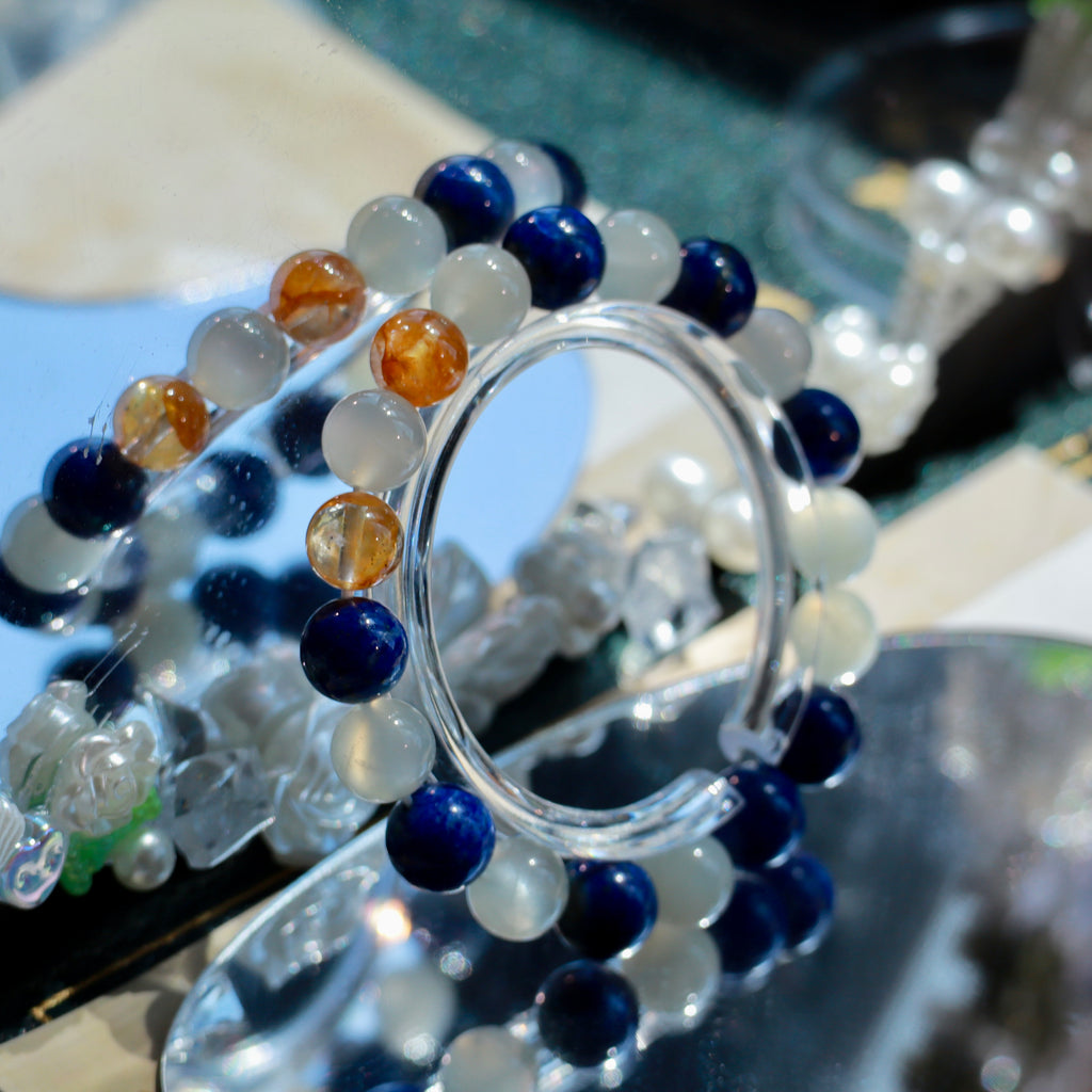 9-10mm Natural Lapis Lazuli, White Moonstone & Yellow Hematoid Quartz Bracelet