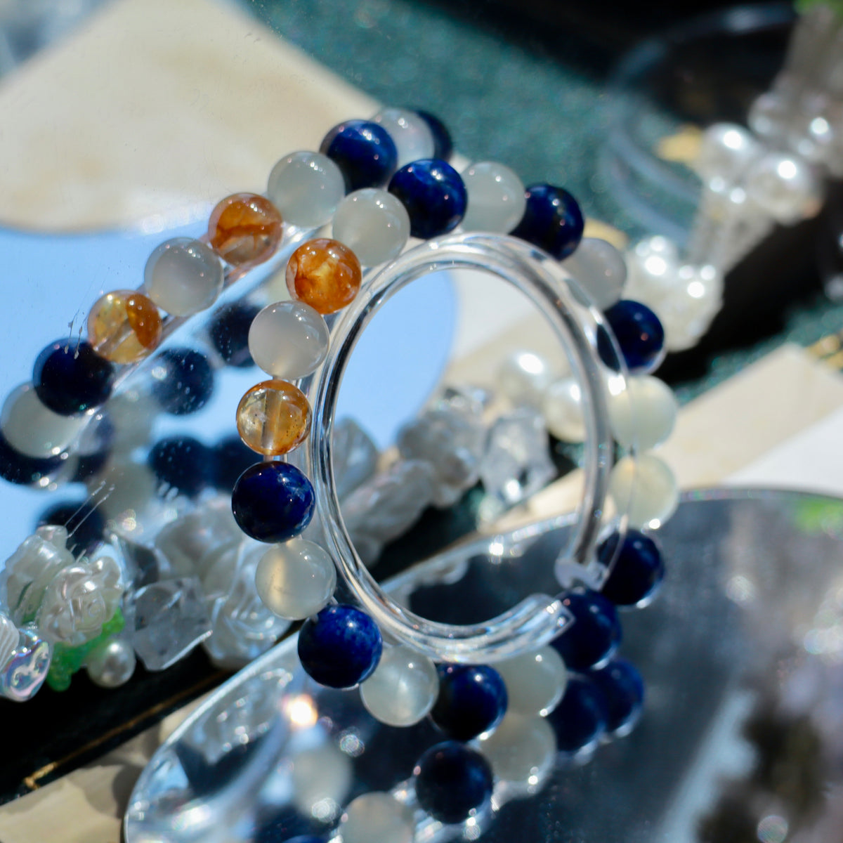 9-10mm Natural Lapis Lazuli, White Moonstone & Yellow Hematoid Quartz Bracelet