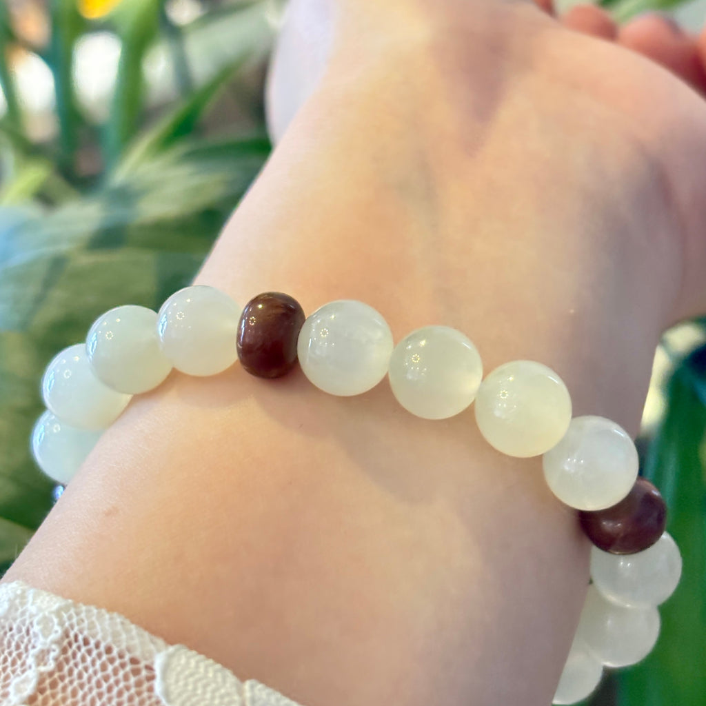 Natural Moonstone & Kuk Wood Bracelet | 9mm Gemstone Beads