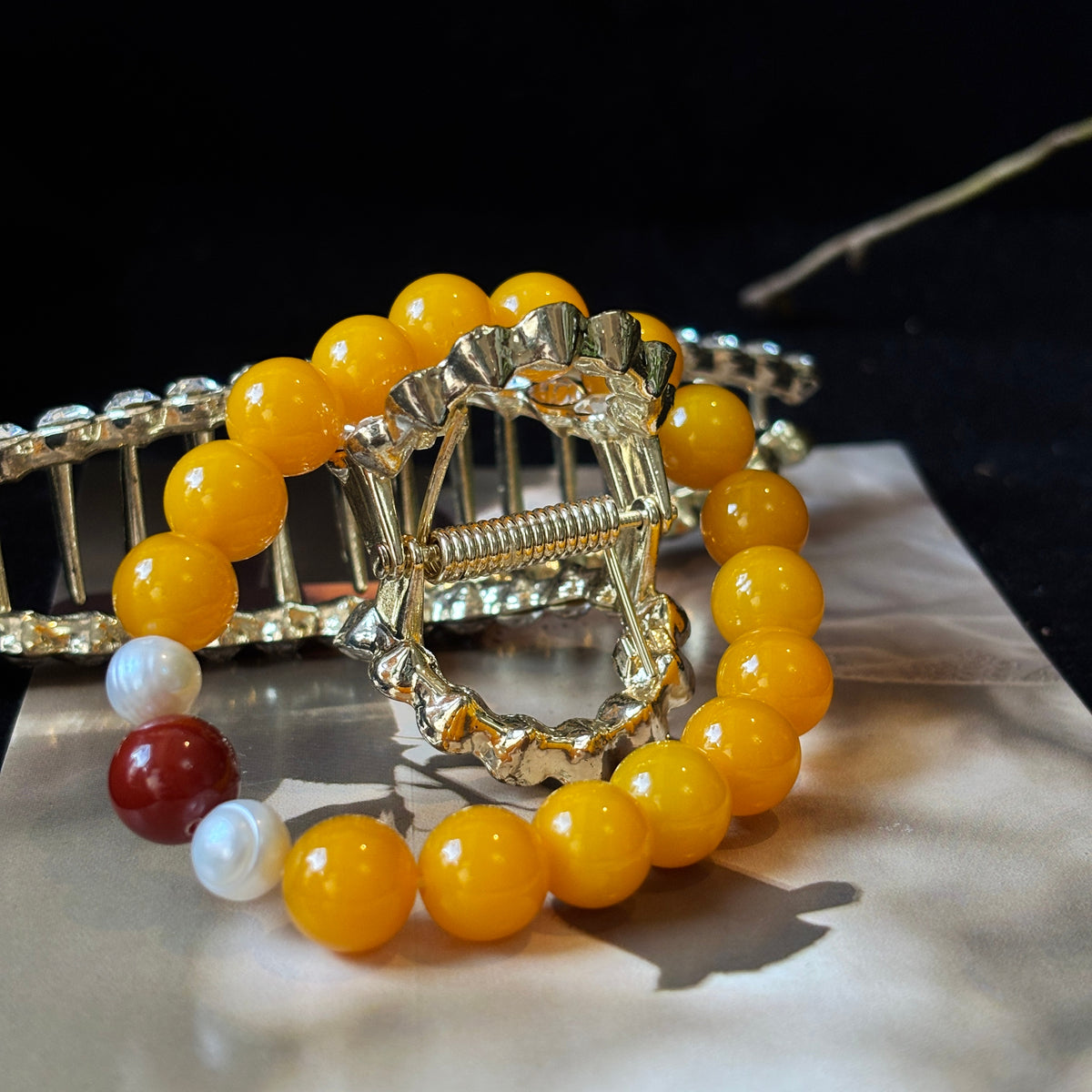Natural Yellow Agate & Pearl Bracelet with Nanhong Agate | 10mm Gemstone Beaded Bracelet