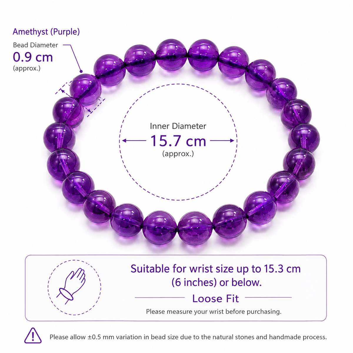 Natural Uruguayan Amethyst Bracelet, Deep Purple 9mm Crystal Beads, February Birthstone Jewelry