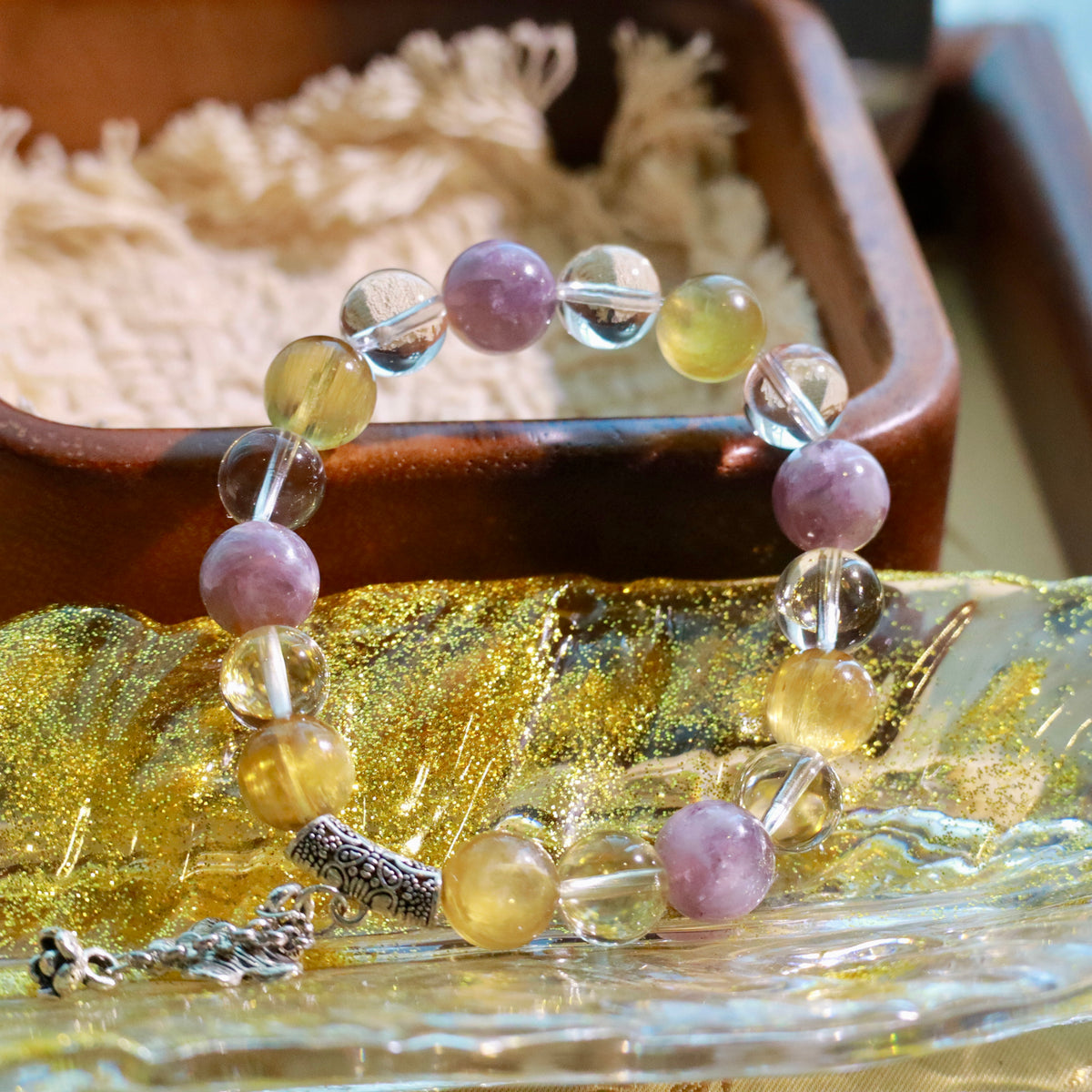 Golden Lithium Mica & High-Clarity Clear Quartz Bracelet | 10mm