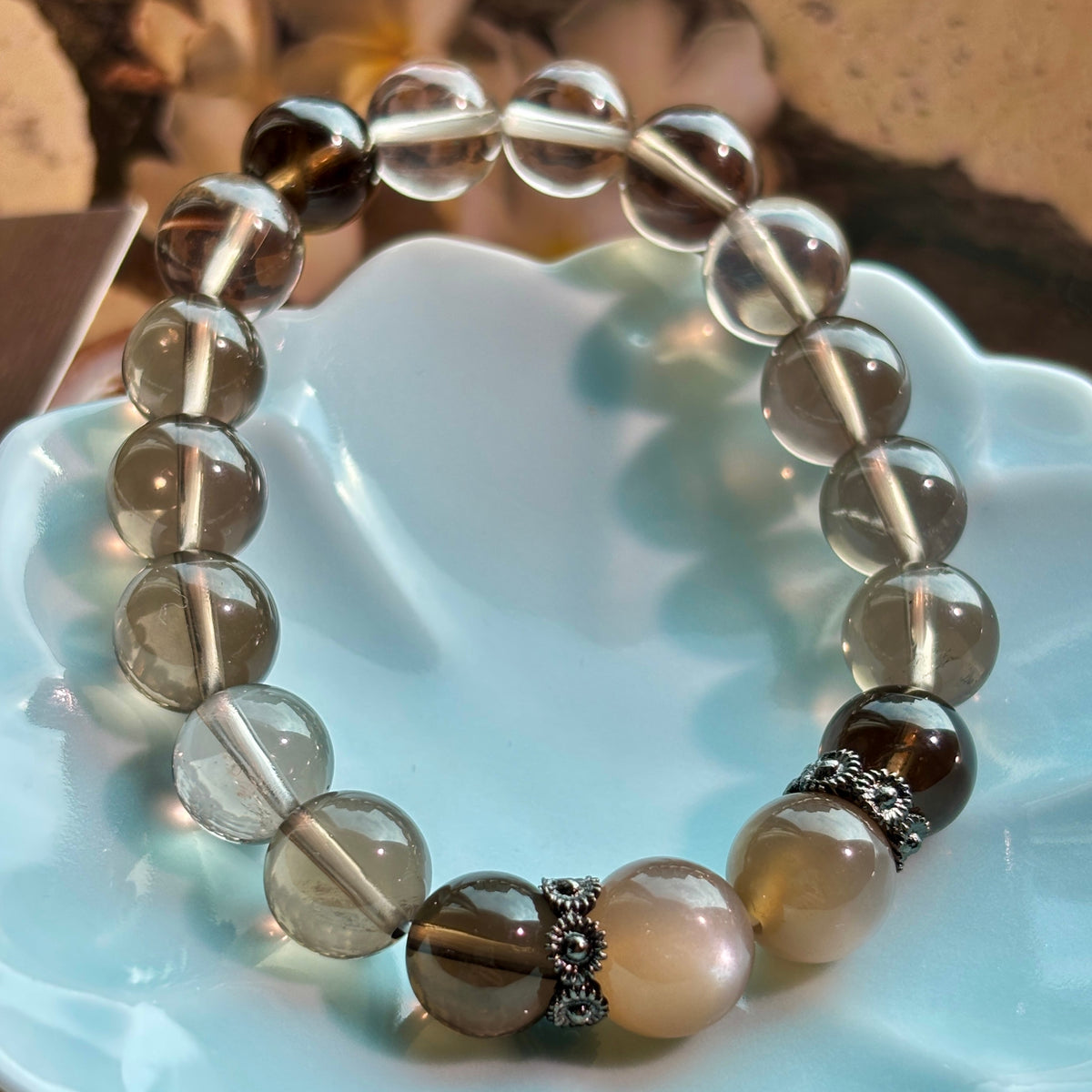 White & Black Smoky Quartz Bracelet with Cream Moonstone | 10mm Natural Gemstone Beads