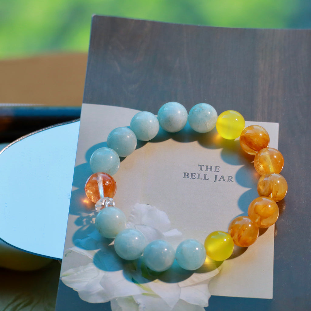 Natural Aquamarine & Yellow Hematoid Quartz Bracelet | 10mm Gemstone Beads
