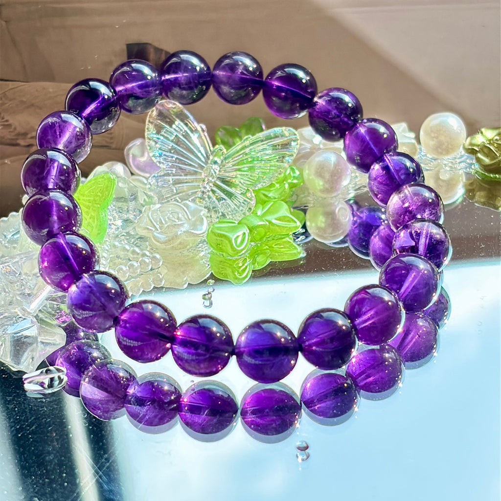 Natural Uruguayan Amethyst Bracelet, Deep Purple 9mm Crystal Beads, February Birthstone Jewelry