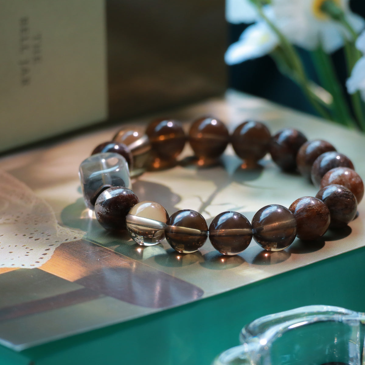 Black Gold Super Seven & Smoky Quartz Bracelet with Red Phantom Quartz and Clear Quartz