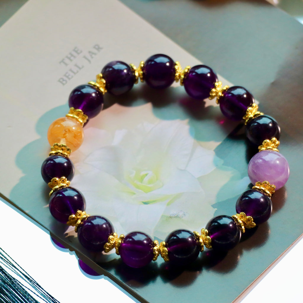 9-10mm Natural Uruguayan Amethyst Bracelet | Deep Purple Crystal with Yellow Hematoid Quartz