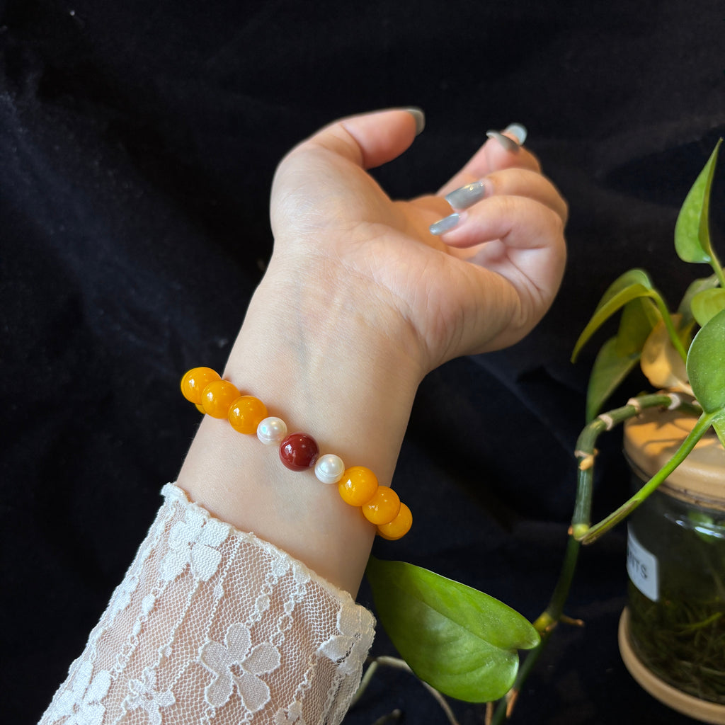 Natural Yellow Agate & Pearl Bracelet with Nanhong Agate | 10mm Gemstone Beaded Bracelet