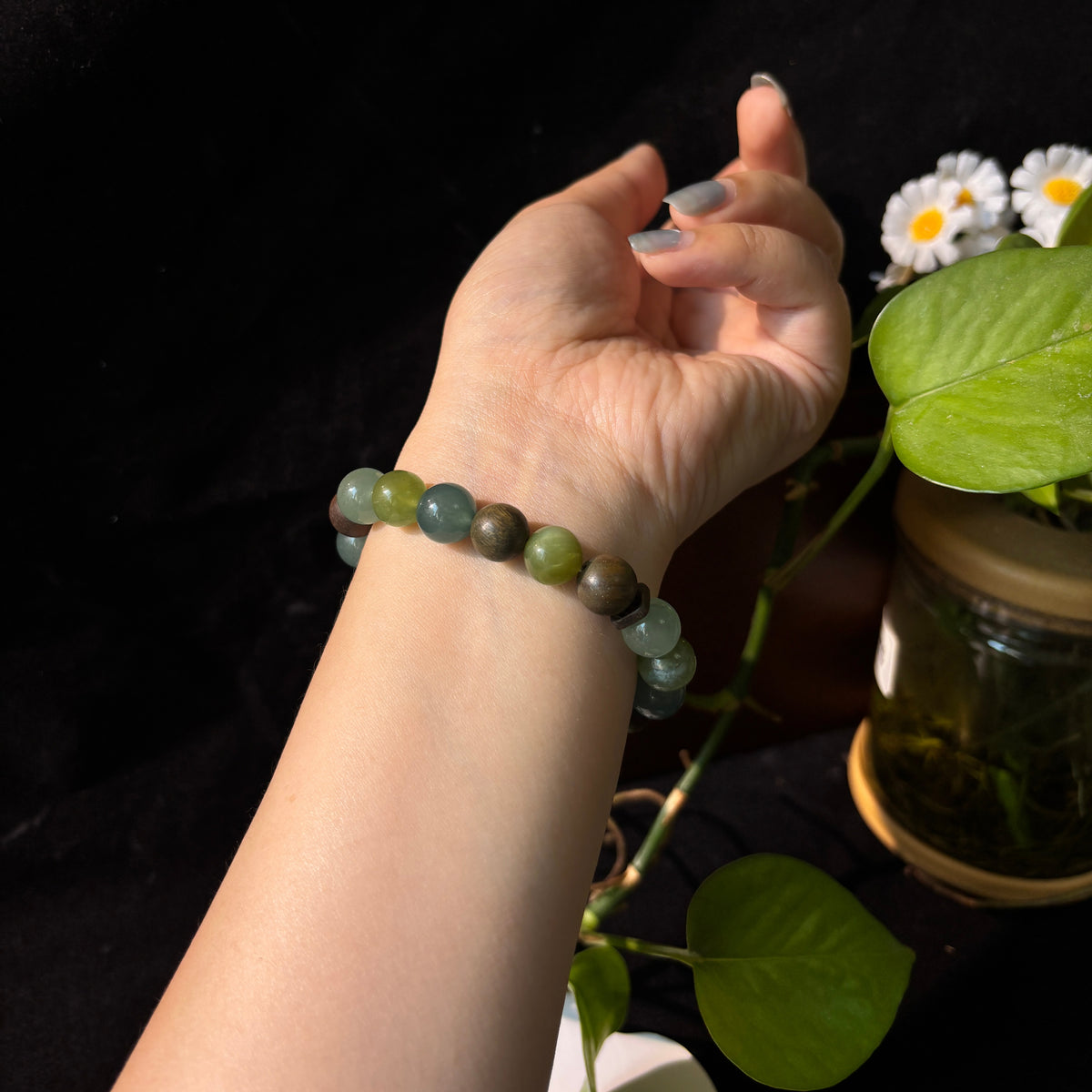 Green Aventurine & Xiuyan Jade Bracelet with Blue Agate and Green Sandalwood