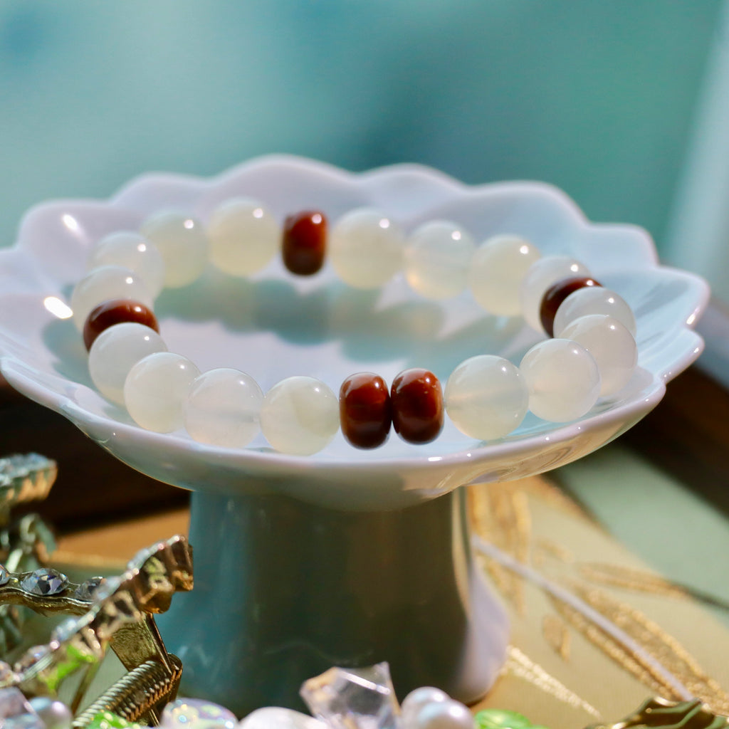 Natural Moonstone & Kuk Wood Bracelet | 9mm Gemstone Beads