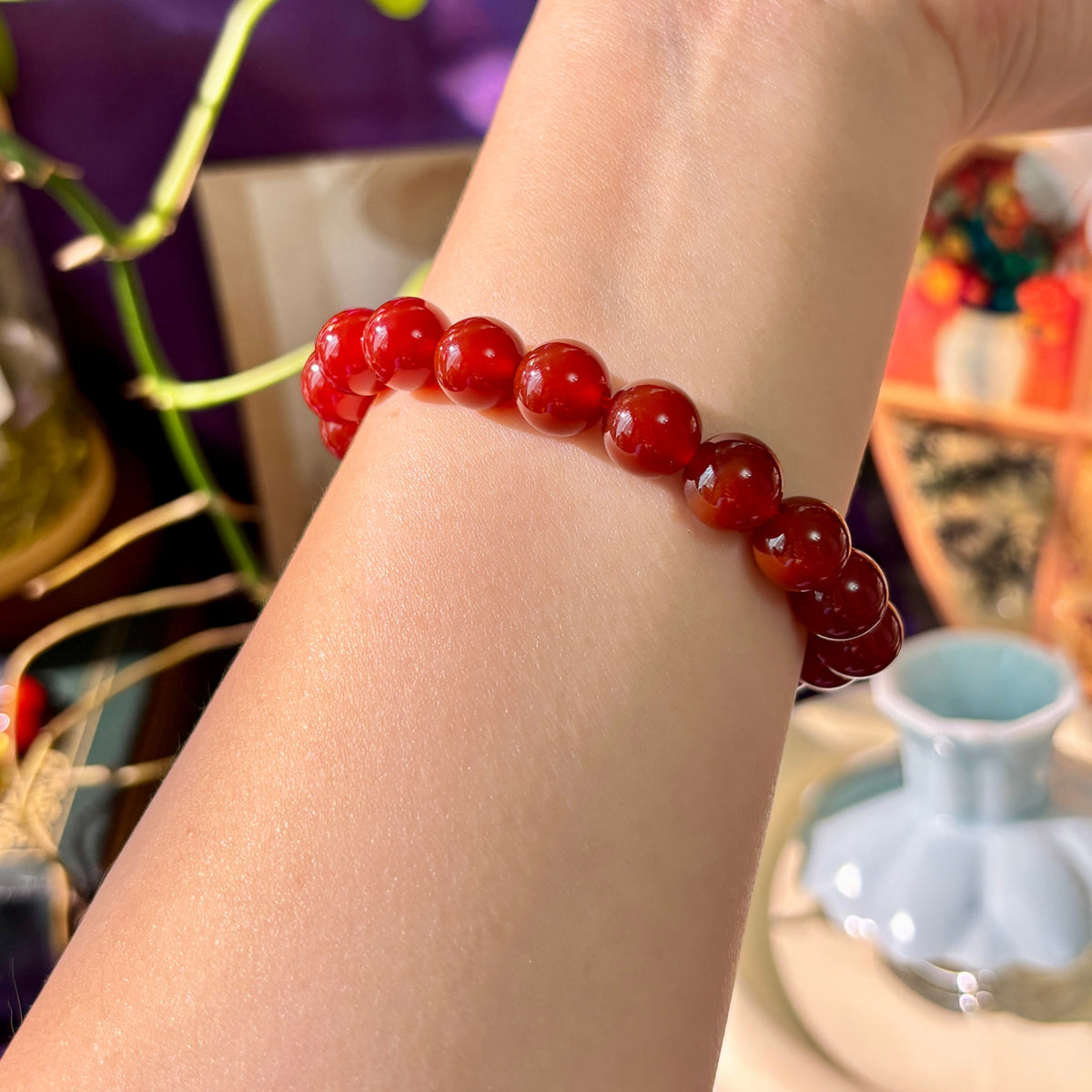 Natural Red Agate Bracelet, 10mm Handmade Gemstone Beads