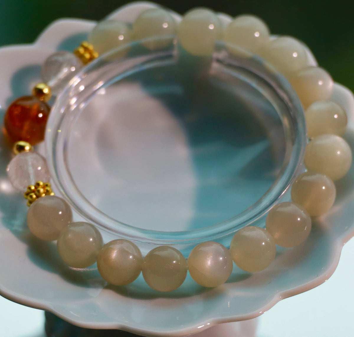 Natural Silver Moon Stone & Citrine Bracelet | 9mm Crystal Beads