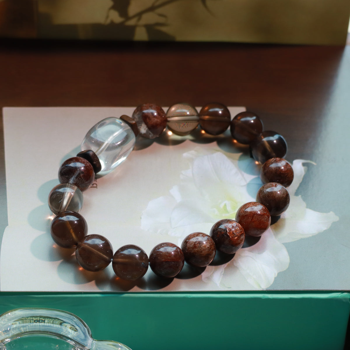 Black Gold Super Seven & Smoky Quartz Bracelet with Red Phantom Quartz and Clear Quartz