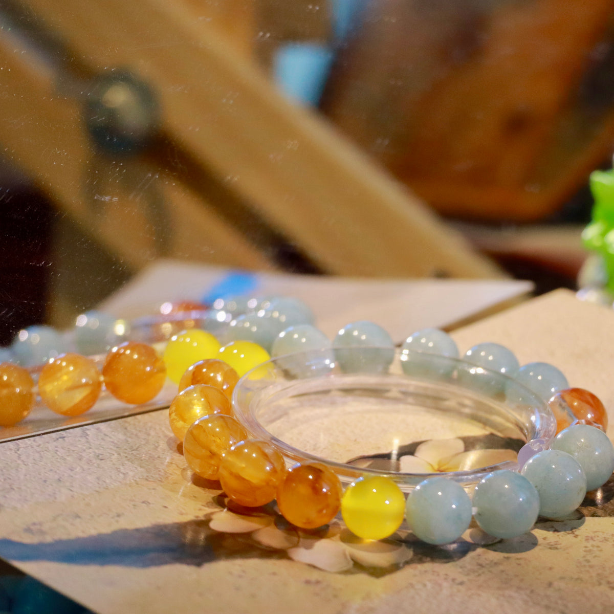 Natural Aquamarine & Yellow Hematoid Quartz Bracelet | 10mm Gemstone Beads