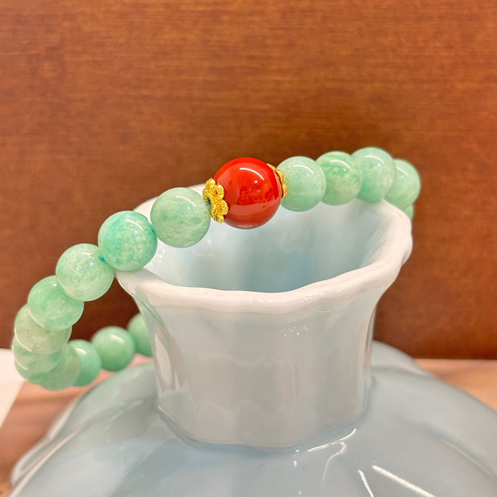 8mm Natural Old-Mine Amazonite Beaded Bracelet, Accented with a Single Red Agate