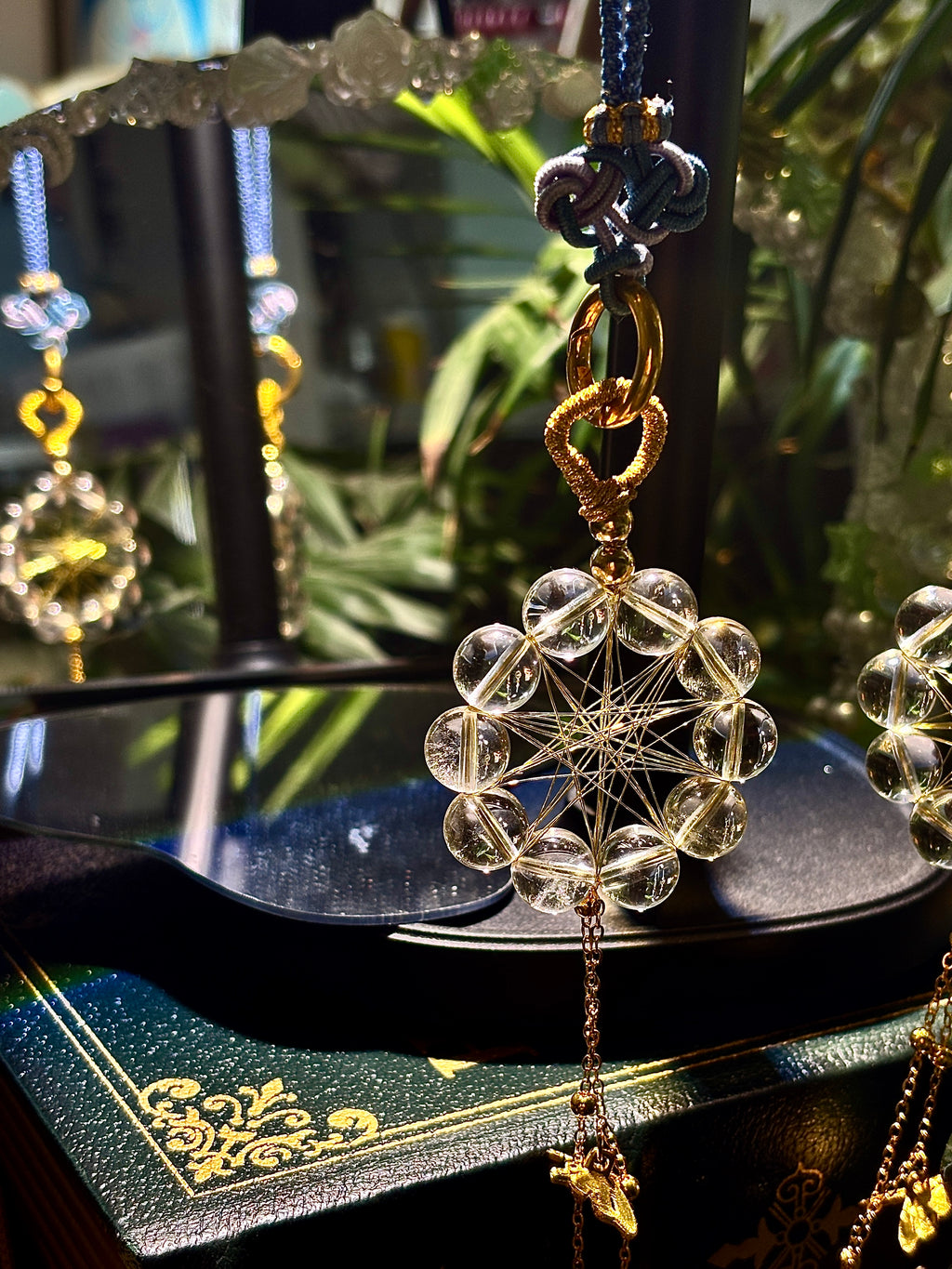 Natural Clear Quartz Crystal Hanging Ornament with Gold Cord for Home Decor Witch Crystal