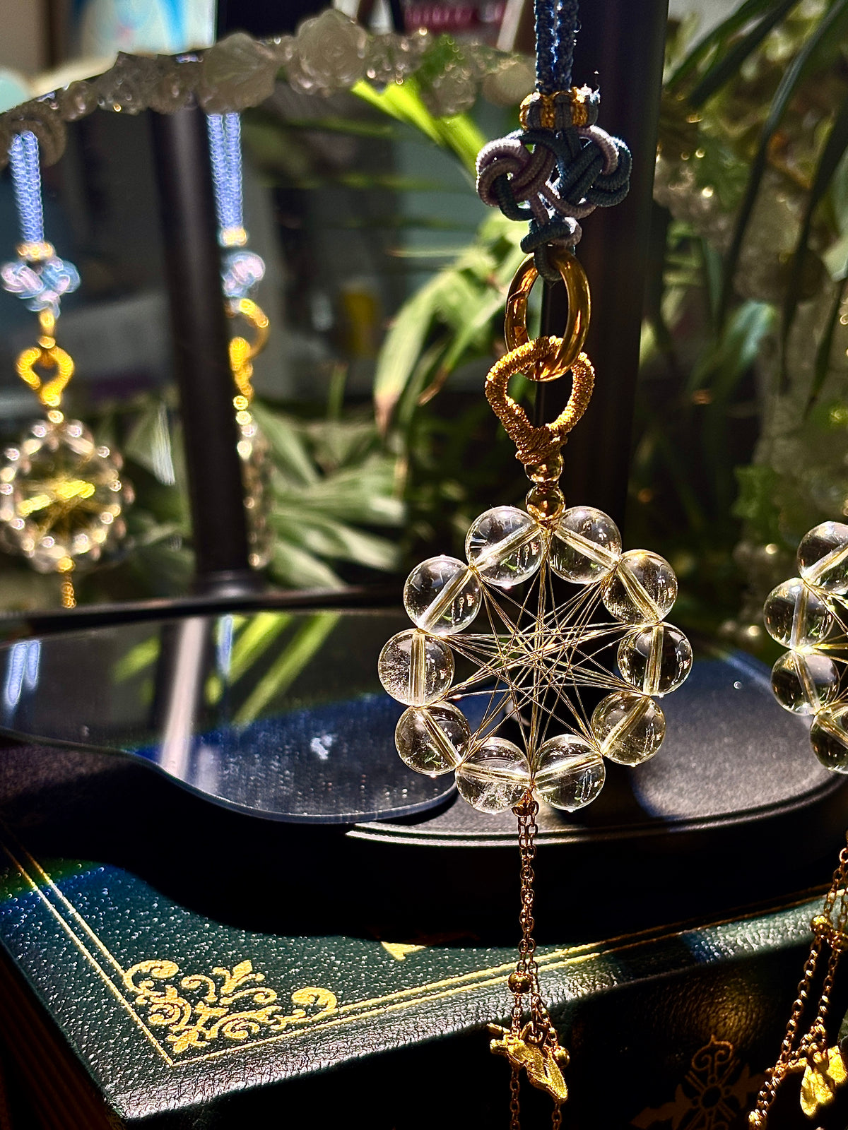 Natural Clear Quartz Crystal Hanging Ornament with Gold Cord for Home Decor Witch Crystal