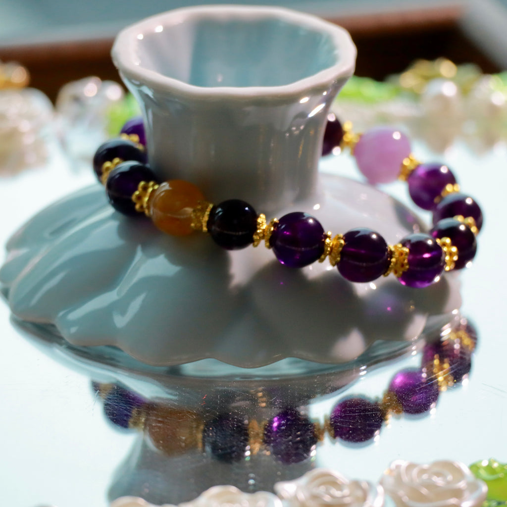 9-10mm Natural Uruguayan Amethyst Bracelet | Deep Purple Crystal with Yellow Hematoid Quartz