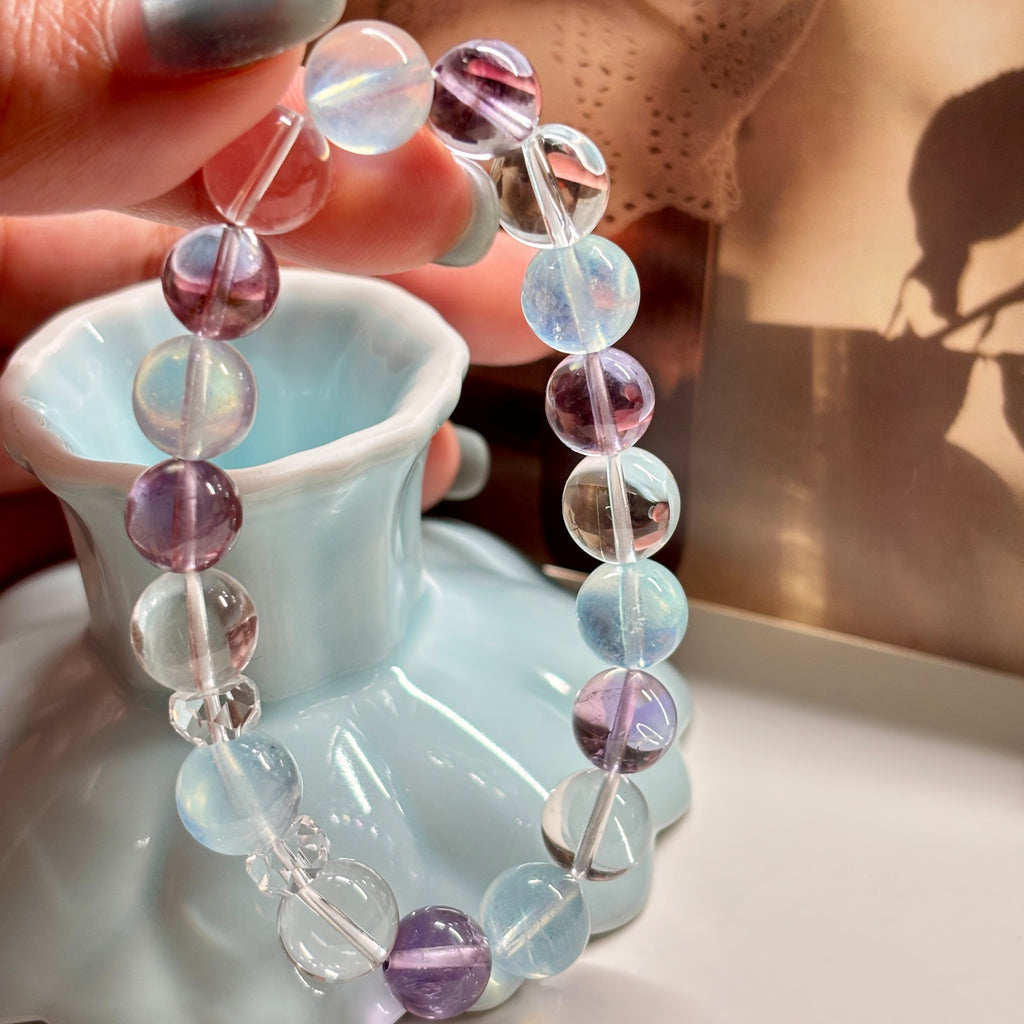 9-10mm Natural Aquamarine, Brazilian Amethyst & Clear Quartz Bracelet
