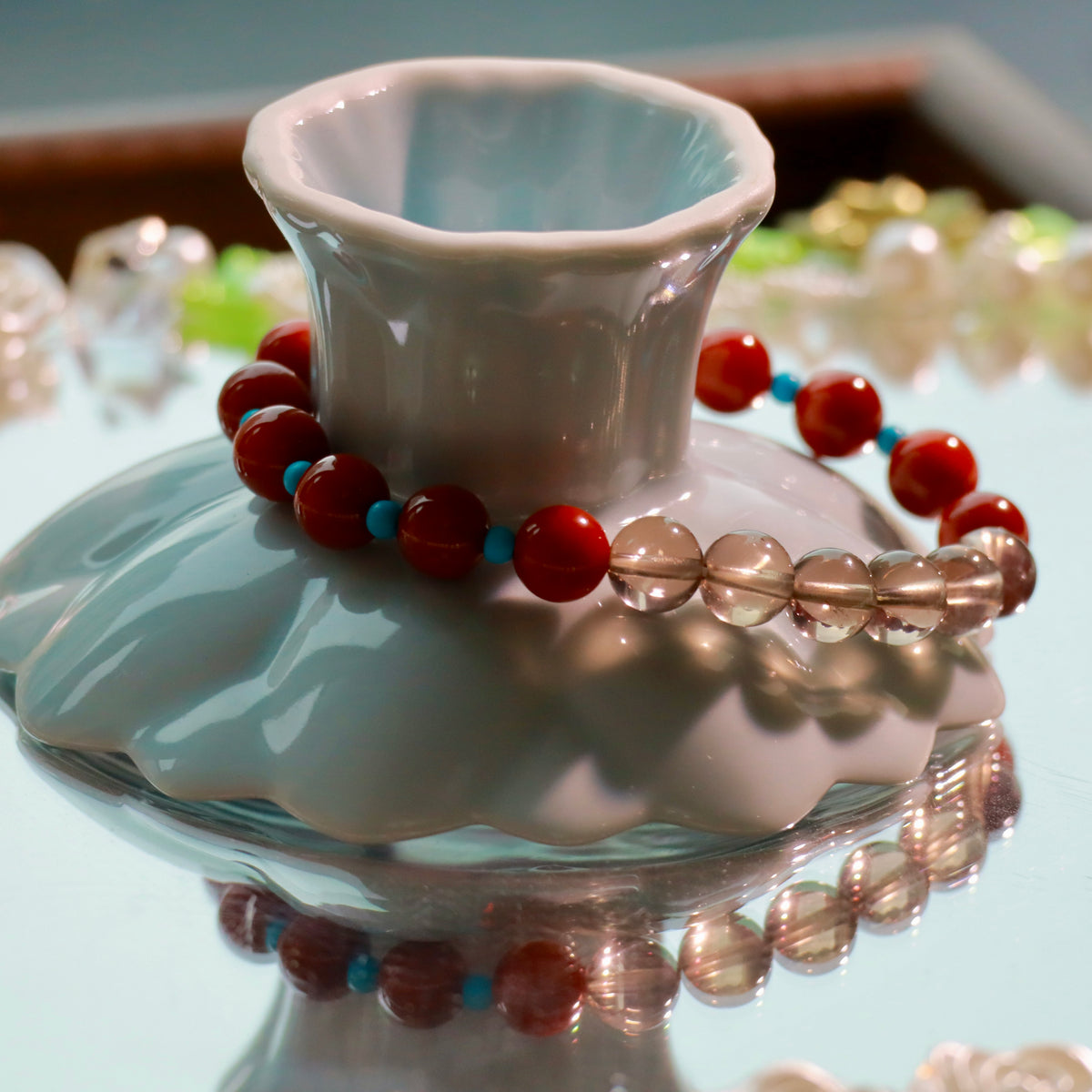 Natural Nanhong Agate & Smoky Quartz Bracelet | 8mm Gemstone Beads