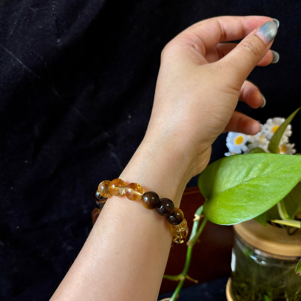 10mm Golden Citrine, Yellow Tiger’s Eye & Smoky Quartz Bracelet