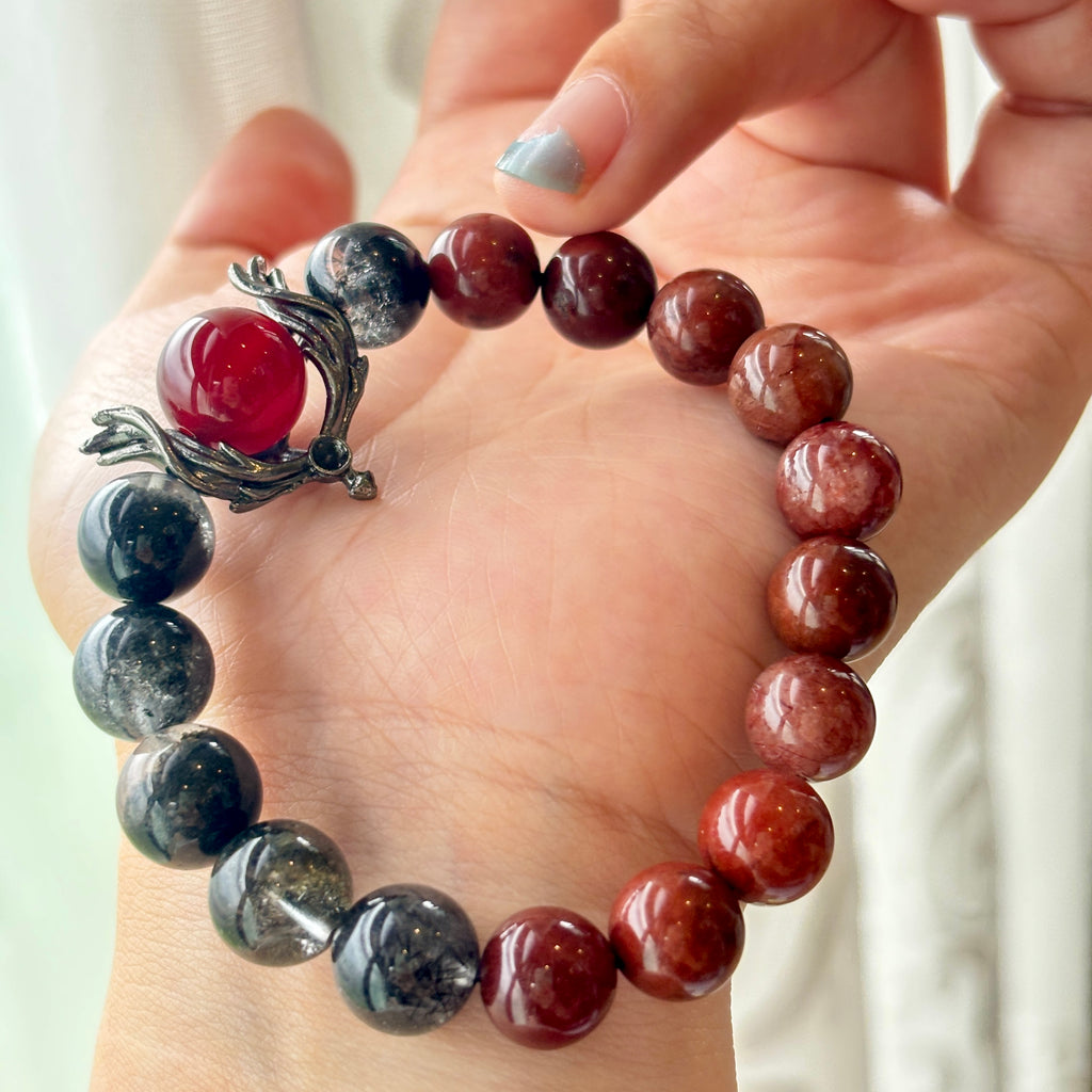 Natural Black Phantom & Red Rutilated Quartz Bracelet | 10mm Crystal Beads