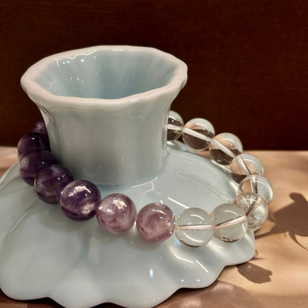 10mm Silver Purple Lepidolite & White Quartz Bracelet – Handmade Natural Crystal Stretch Bracelet