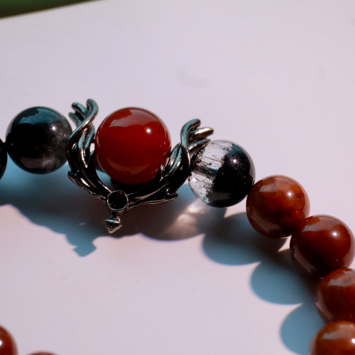 Natural Black Phantom & Red Rutilated Quartz Bracelet | 10mm Crystal Beads