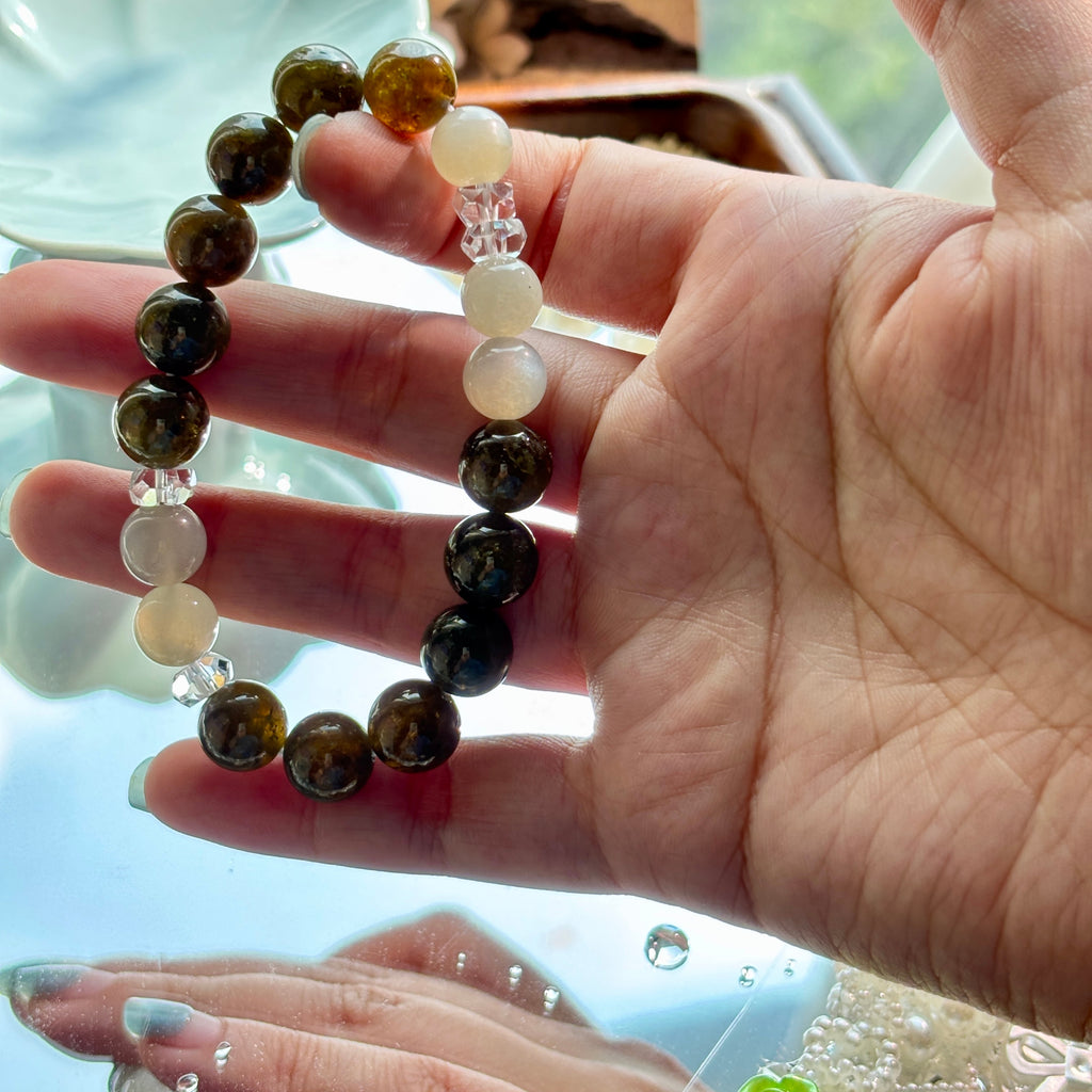 Tsavorite Garnet & Silver Moonstone Bracelet | Natural Green Gemstone Beads