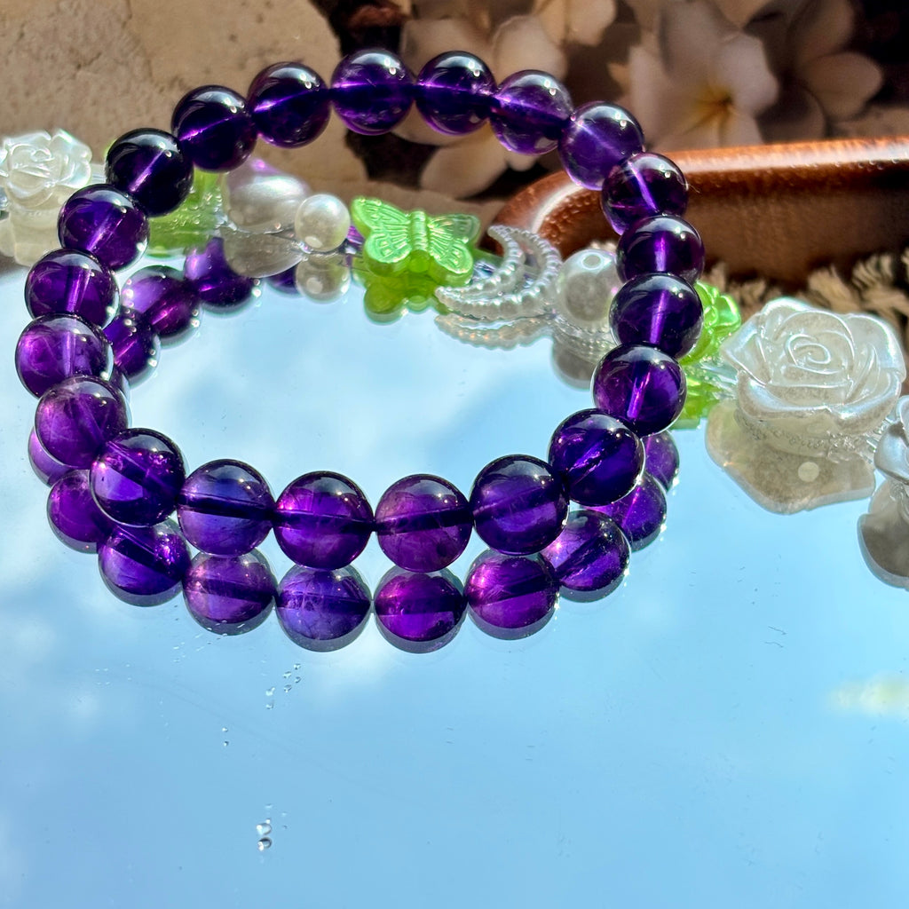 Natural Uruguayan Amethyst Bracelet, Deep Purple 9mm Crystal Beads, February Birthstone Jewelry