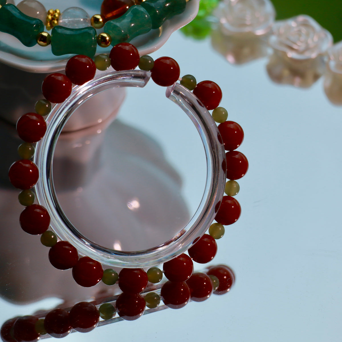Natural Gemstone Stacking Bracelet Set | 8mm Nanhong Agate, Hetian Jade & Aventurine