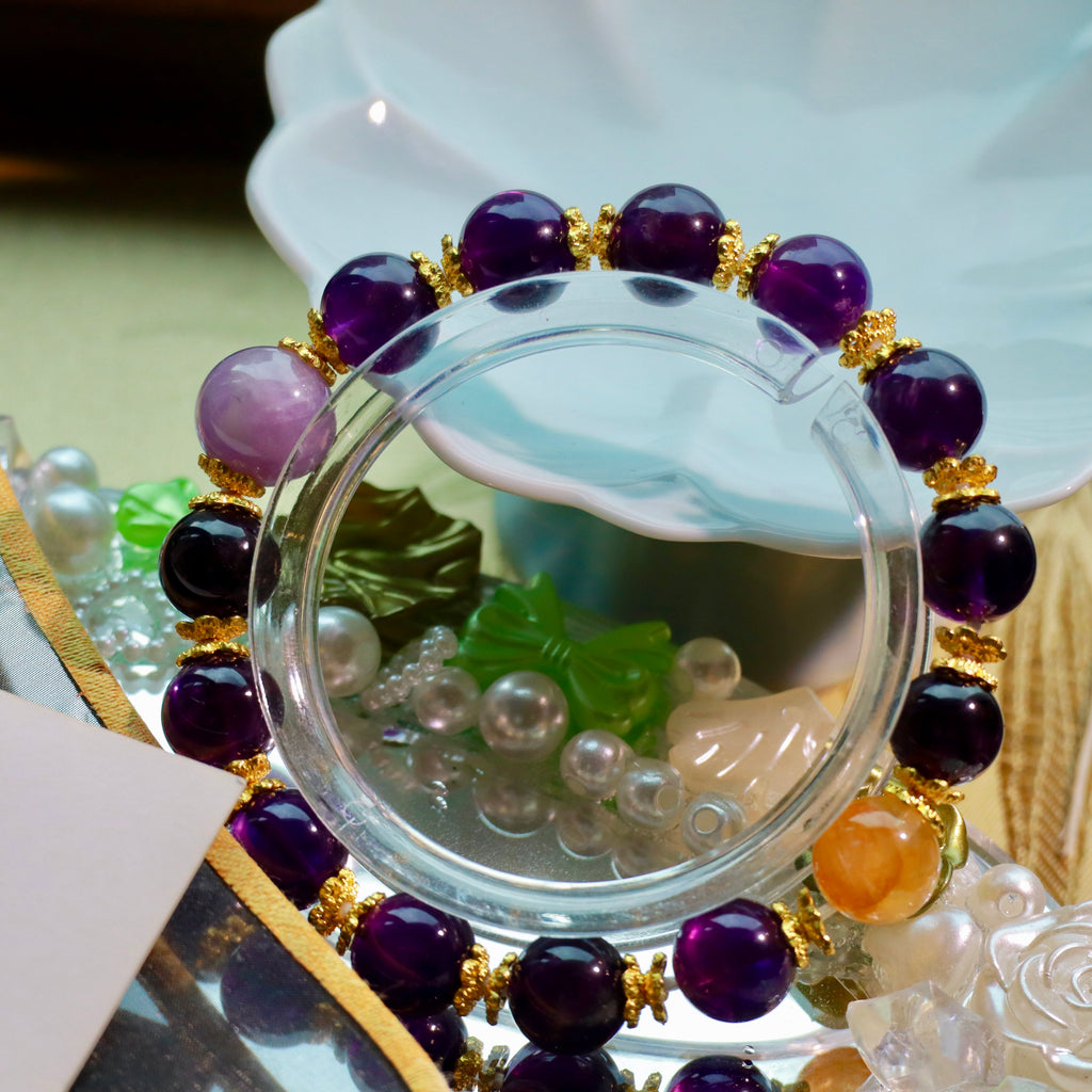 9-10mm Natural Uruguayan Amethyst Bracelet | Deep Purple Crystal with Yellow Hematoid Quartz
