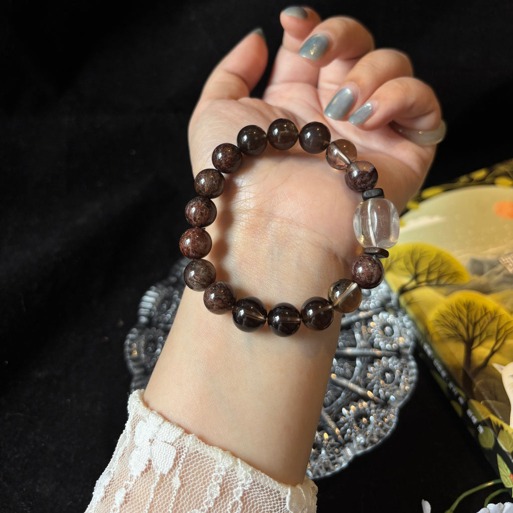 Black Gold Super Seven & Smoky Quartz Bracelet with Red Phantom Quartz and Clear Quartz