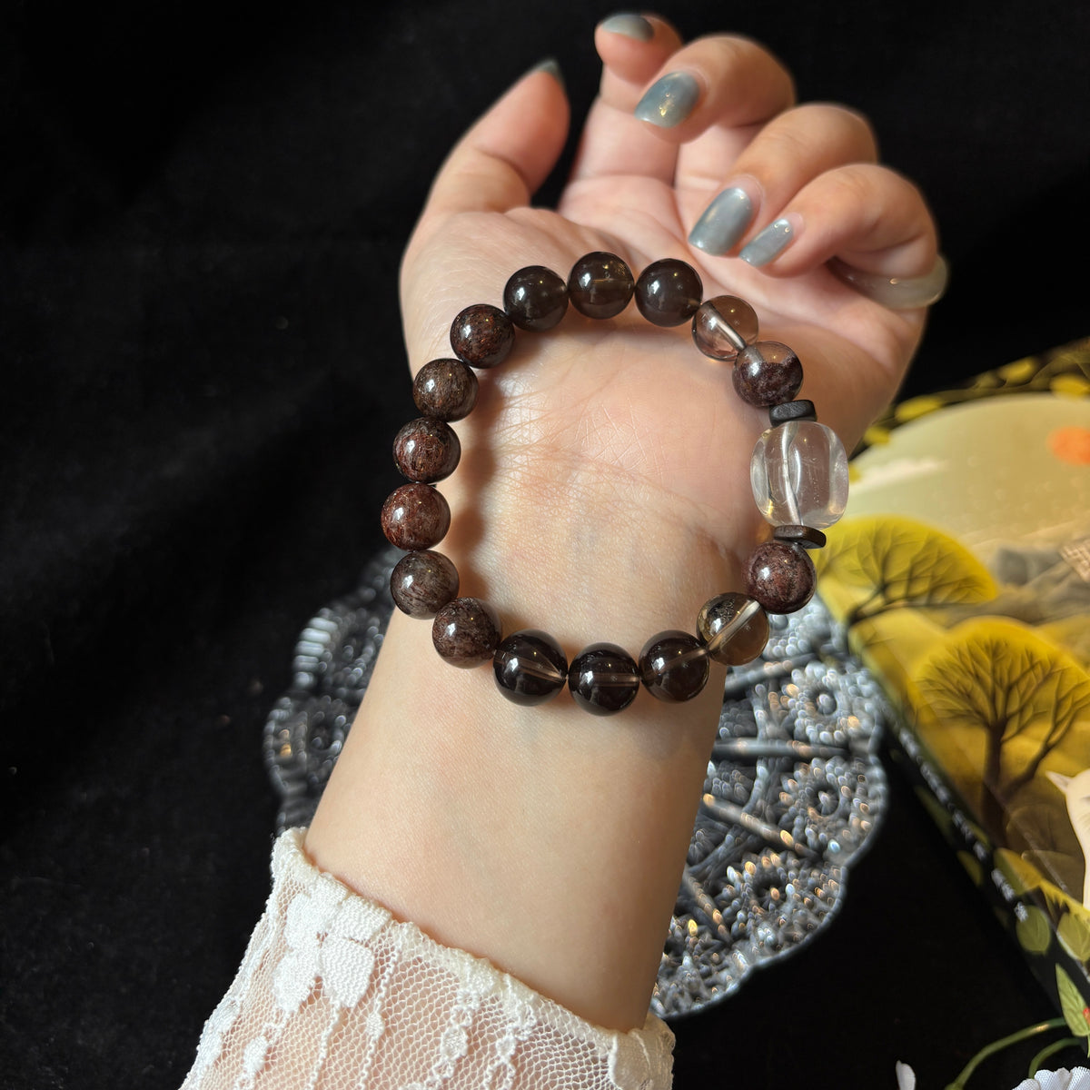 Black Gold Super Seven & Smoky Quartz Bracelet with Red Phantom Quartz and Clear Quartz
