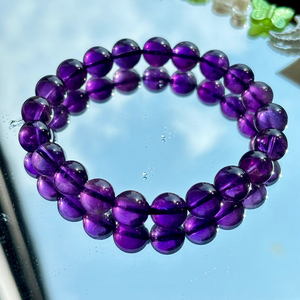 Natural Uruguayan Amethyst Bracelet, Deep Purple 9mm Crystal Beads, February Birthstone Jewelry