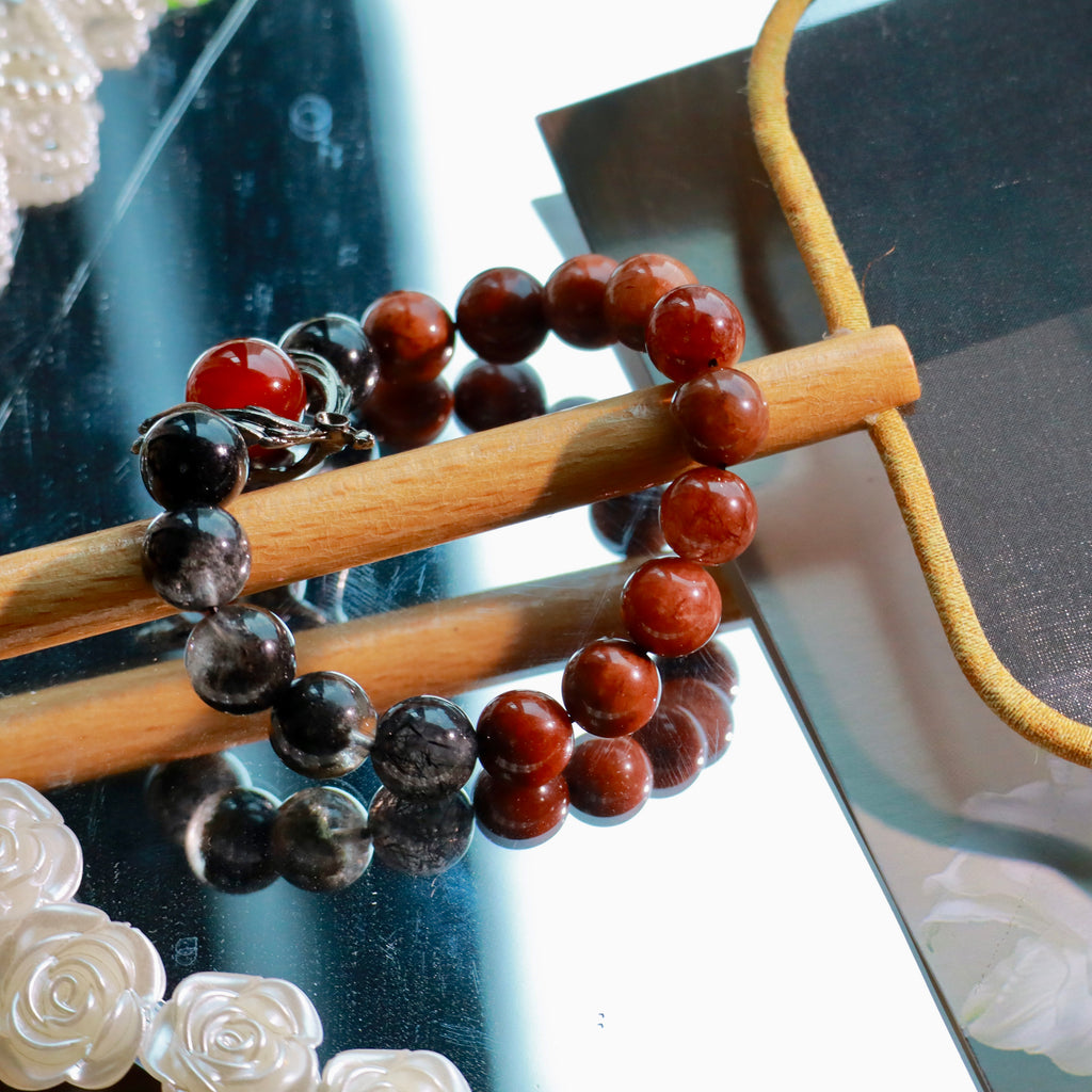 Natural Black Phantom & Red Rutilated Quartz Bracelet | 10mm Crystal Beads