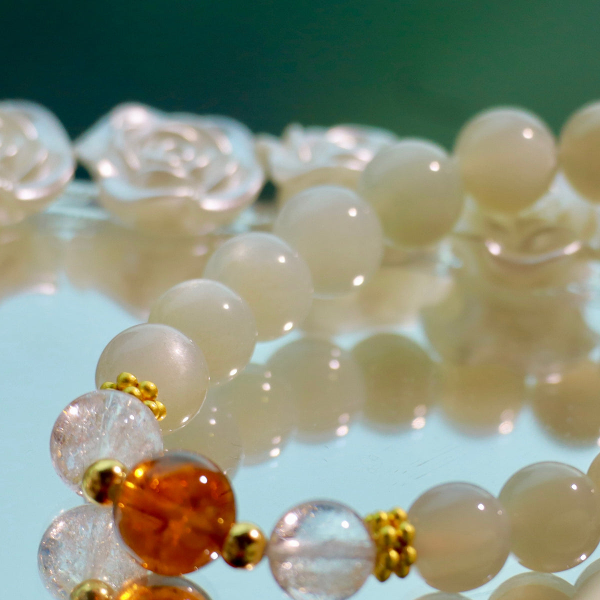Natural Silver Moon Stone & Citrine Bracelet | 9mm Crystal Beads
