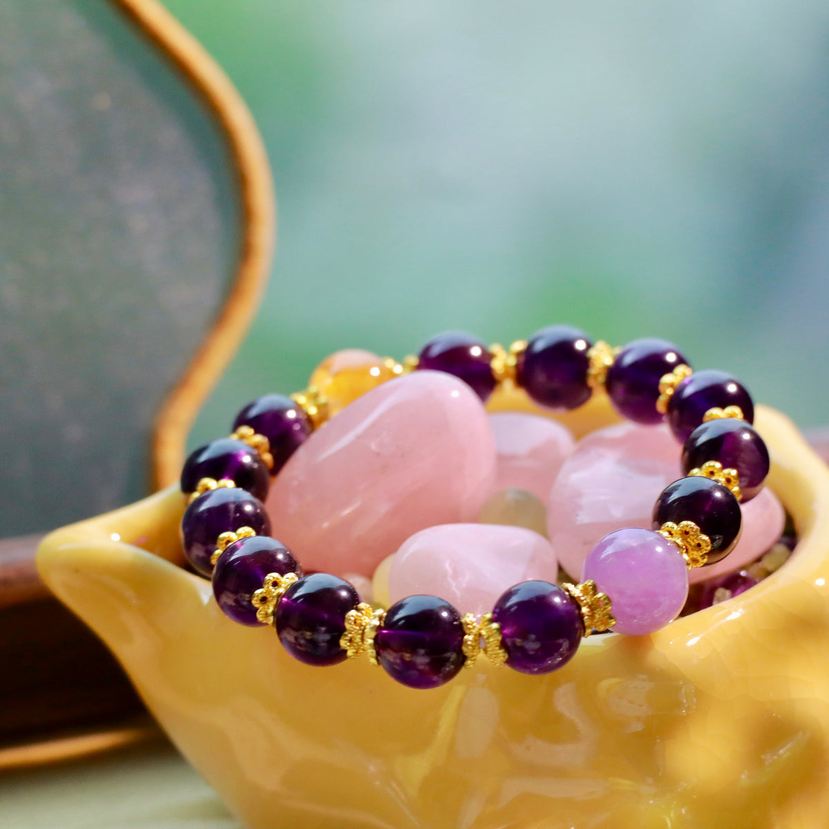 9-10mm Natural Uruguayan Amethyst Bracelet | Deep Purple Crystal with Yellow Hematoid Quartz